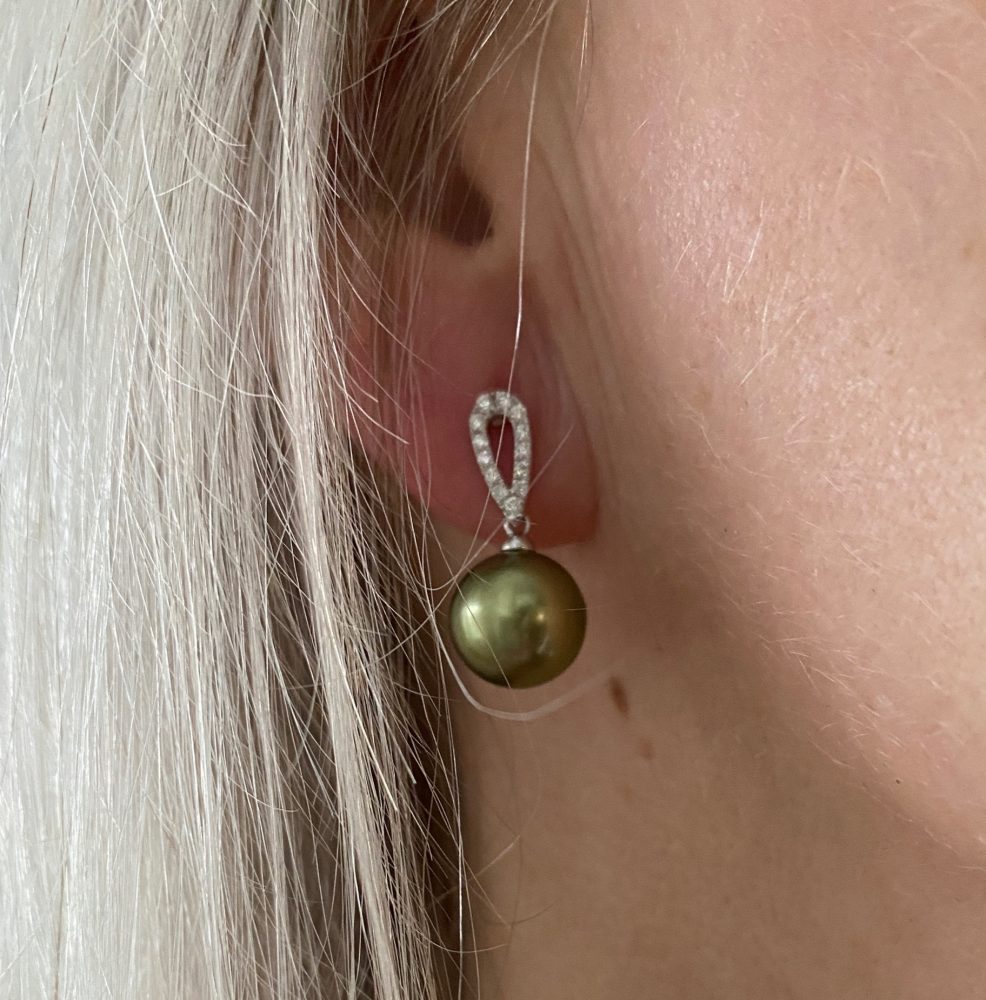 Pistachio Tahitian Pearl and Diamond Drop Earrings