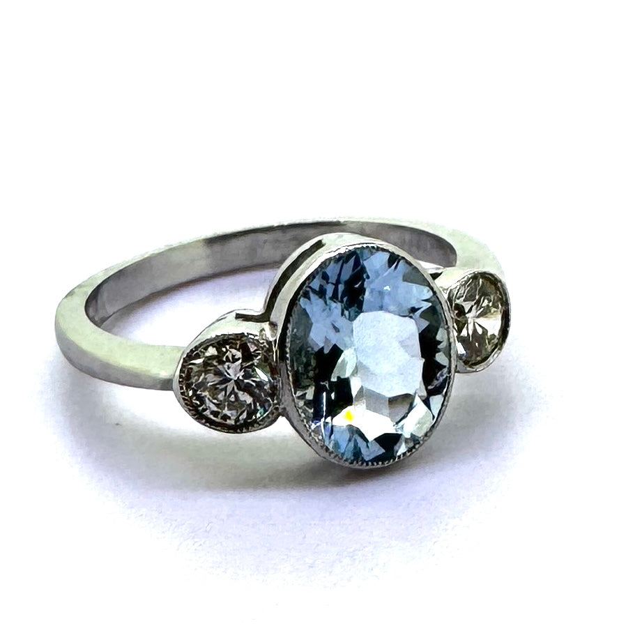 Platinum Aquamarine and diamond 3 stone ring A1.60 carats