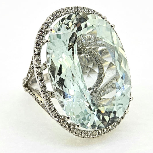 Large Blue Topaz and Diamond Halo Cluster Cocktail Ring