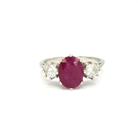 Ruby and Diamond Three Stone Ring in 18ct White Gold, 1.90 carats