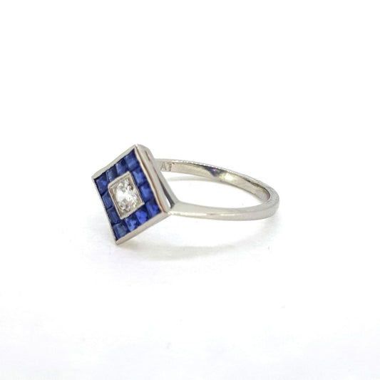 Contemporary Sapphire and Old Cut Diamond Cluster Ring in Platinum