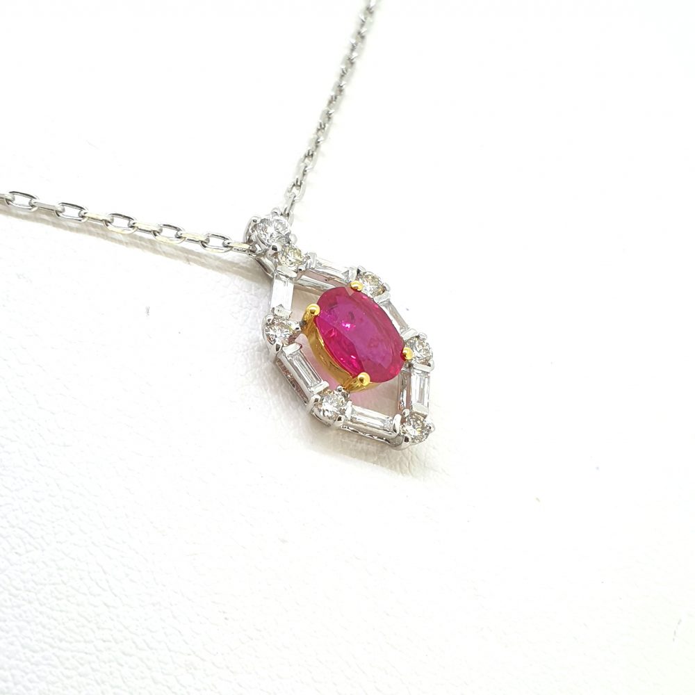Contemporary Ruby and Diamond Cluster Pendant with Chain