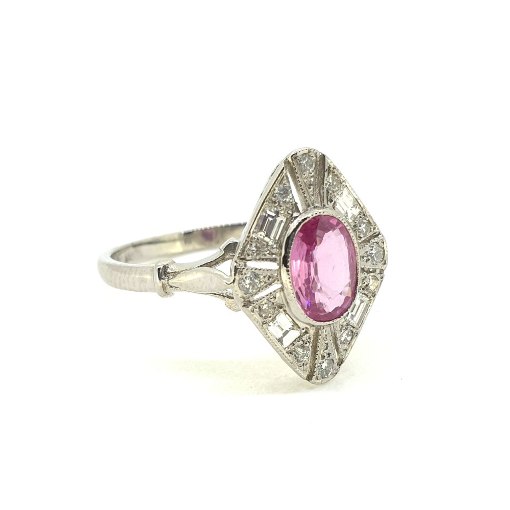 Modern 0.95ct Oval Pink Sapphire and Diamond Navette Cluster Plaque Ring in Platinum