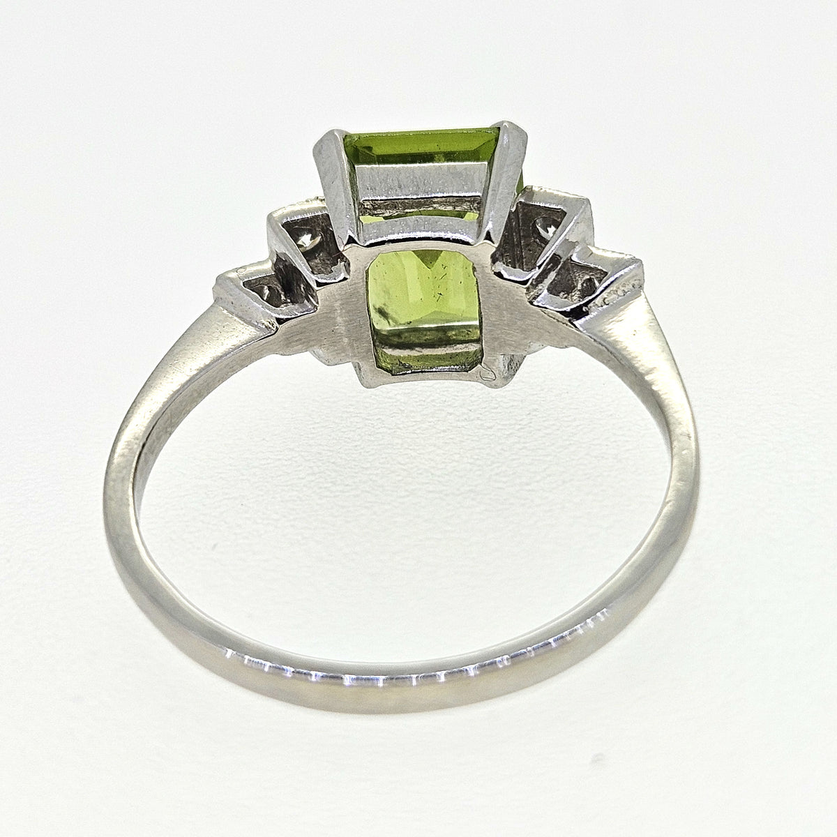 Art Deco Style Platinum Peridot 2.30 Carats and Diamond 0.12 Carat Ring