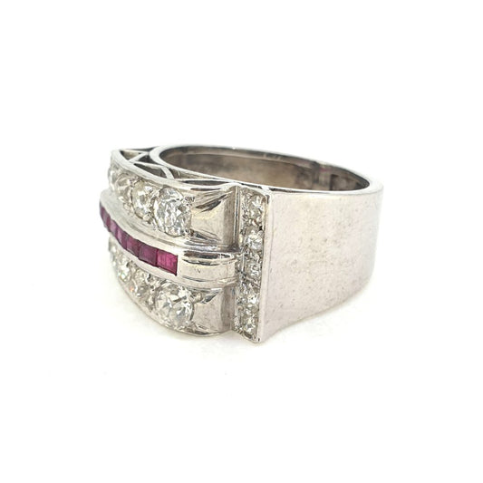 Vintage 1940s Retro Ruby and Old Cut Diamond Cluster Dress Ring in Platinum