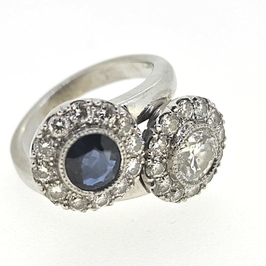 Vintage Sapphire and Old Cut Diamond Toi et Moi Cluster Crossover Ring in Platinum
