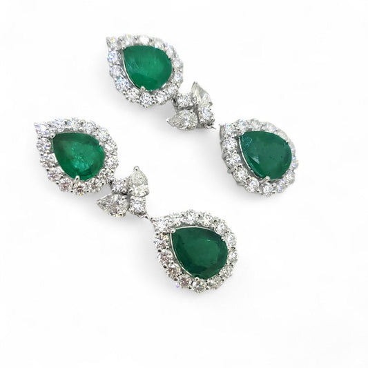 9.24ct Pear Emerald and Diamond Double Cluster Drop Earrings