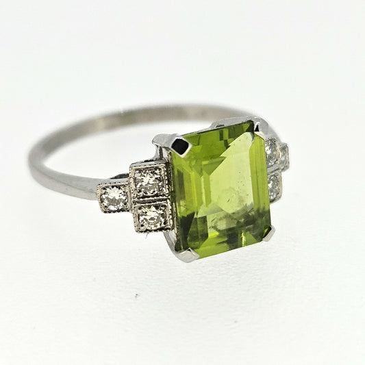 Art Deco Style Platinum Peridot 2.30 Carats and Diamond 0.12 Carat Ring