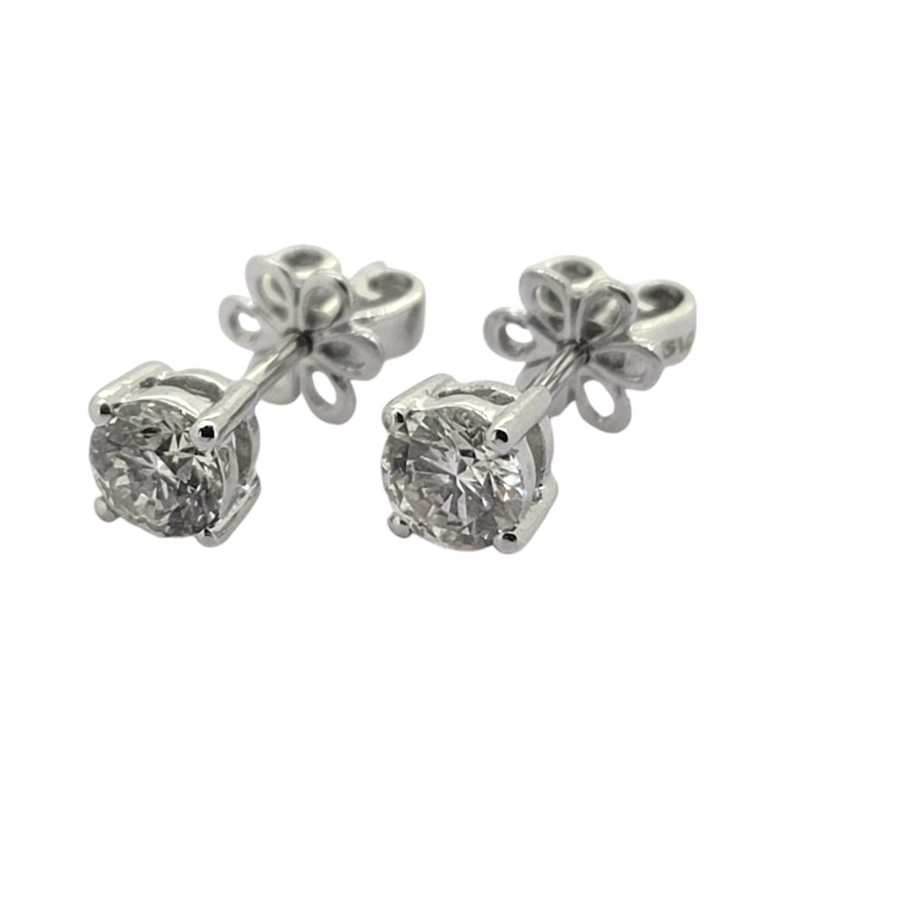 Diamond Solitaire Stud Earrings in 18ct, 0.80 carats, 0.80cts single stone round brilliant-cut diamonds four-claw set in 18ct white gold with post and butterfly fittings