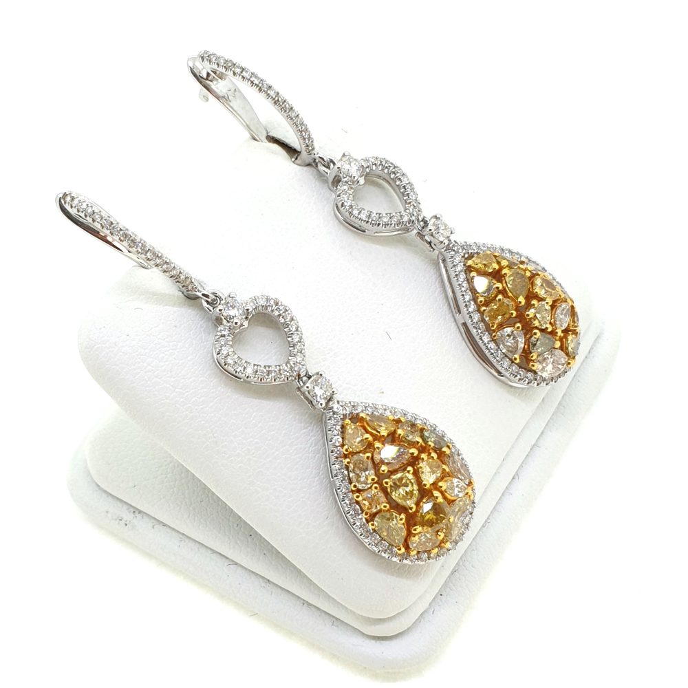 Yellow and White Diamond Drop Earrings, 3.61 carats