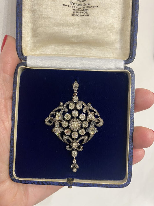 Antique 6.5ct Old Cut Diamond Pendant Brooch