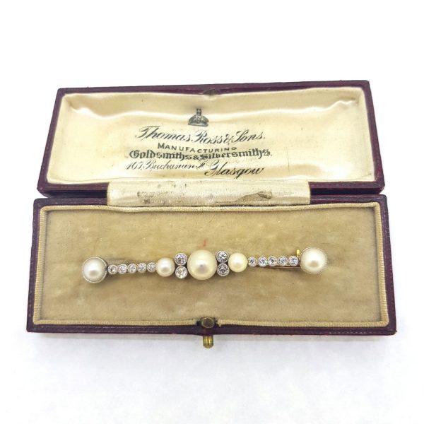 Pearl and Diamond Bar Brooch presented in a vintage fitted box