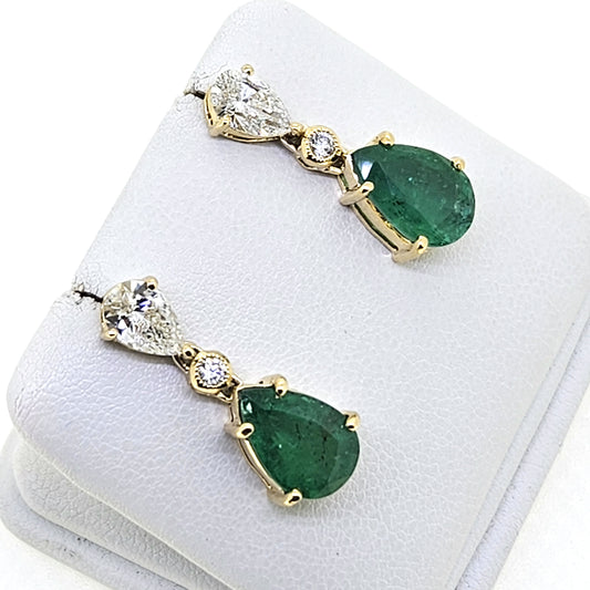 5ct Pear Cut Emerald and Diamond Drop Earrings