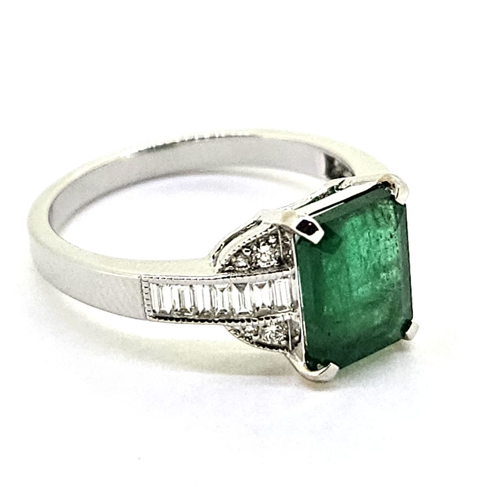 Emerald and Baguette Diamond Engagement Ring in 18ct White Gold