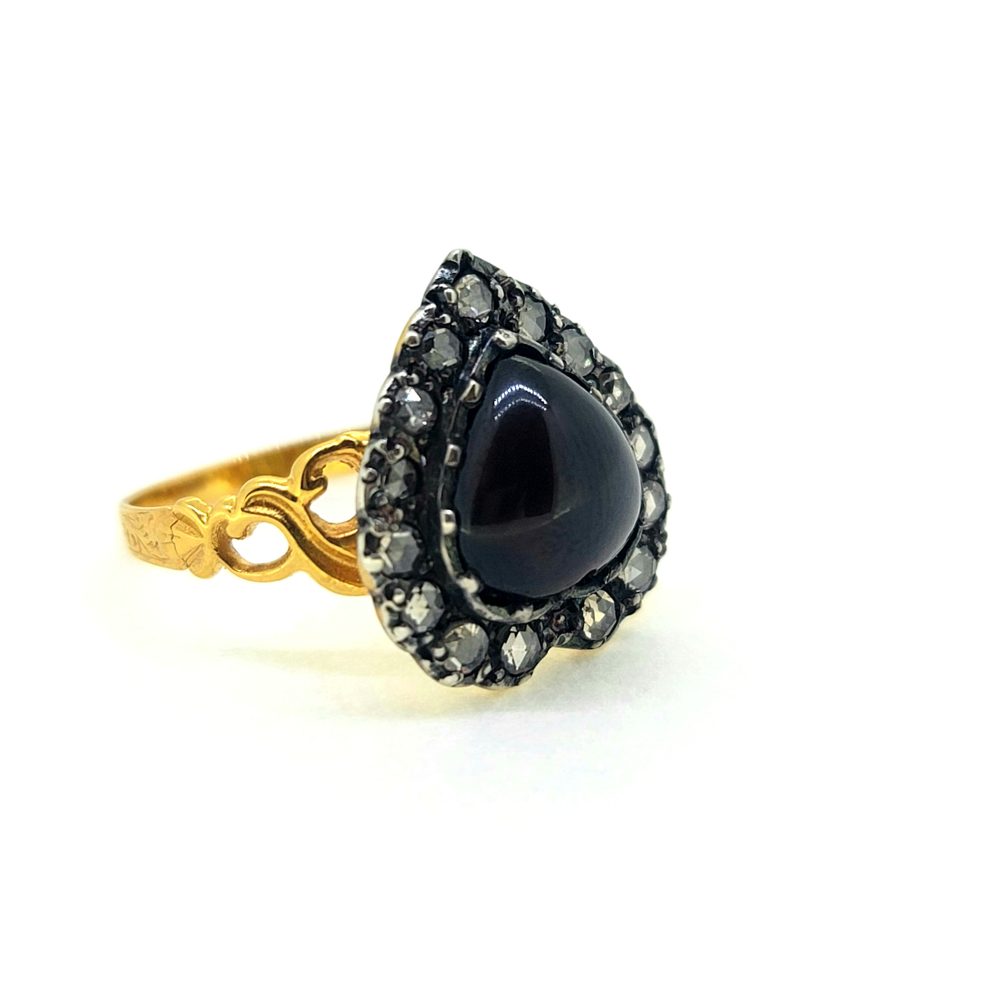 Pear Shaped Cabochon Cut Garnet and Diamond Cluster Ring in Yellow Gold