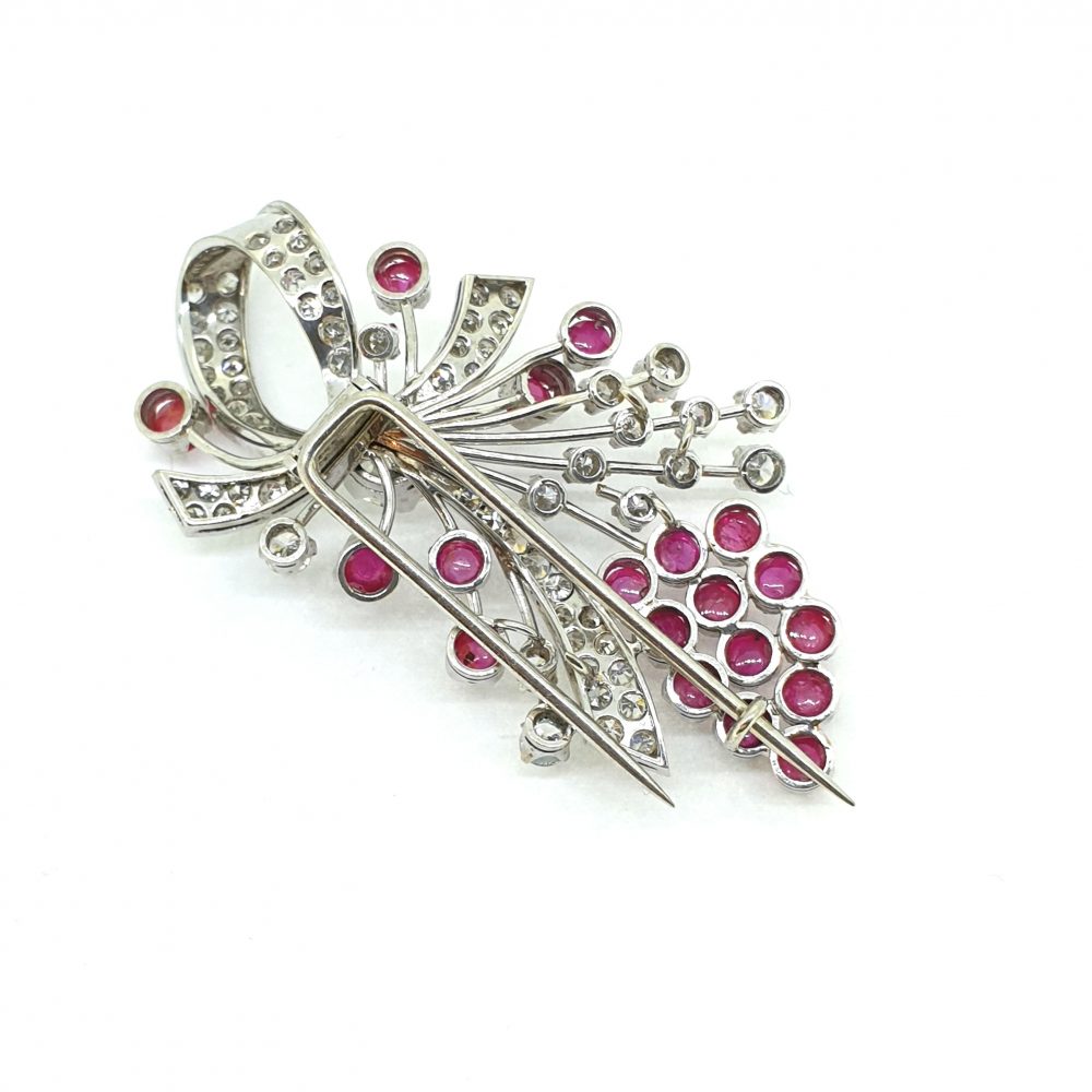 Vintage 1ct Diamond and Cabochon Ruby Brooch, Circa 1940s