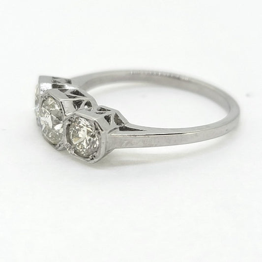 Three Stone Diamond Engagement Ring in Platinum, 1.25 carat timeless diamond trilogy ring set with three sparkling diamonds in octagonal platinum settings
