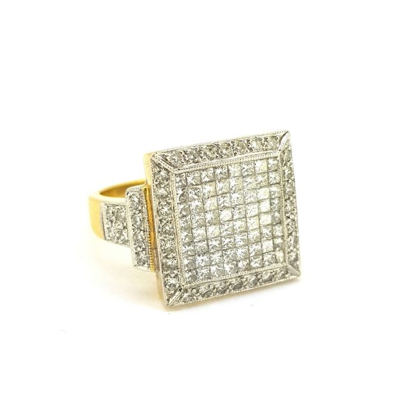 Unisex French Diamond Square Shaped Cluster Ring, 2.01 carat total, set with 64 princess cut diamonds, diamond set shoulders, in 18ct gold