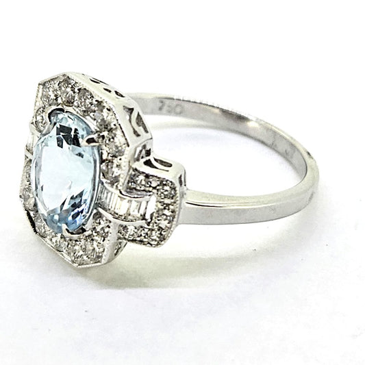 Aquamarine and Diamond Cluster Ring with Buckle Shoulders