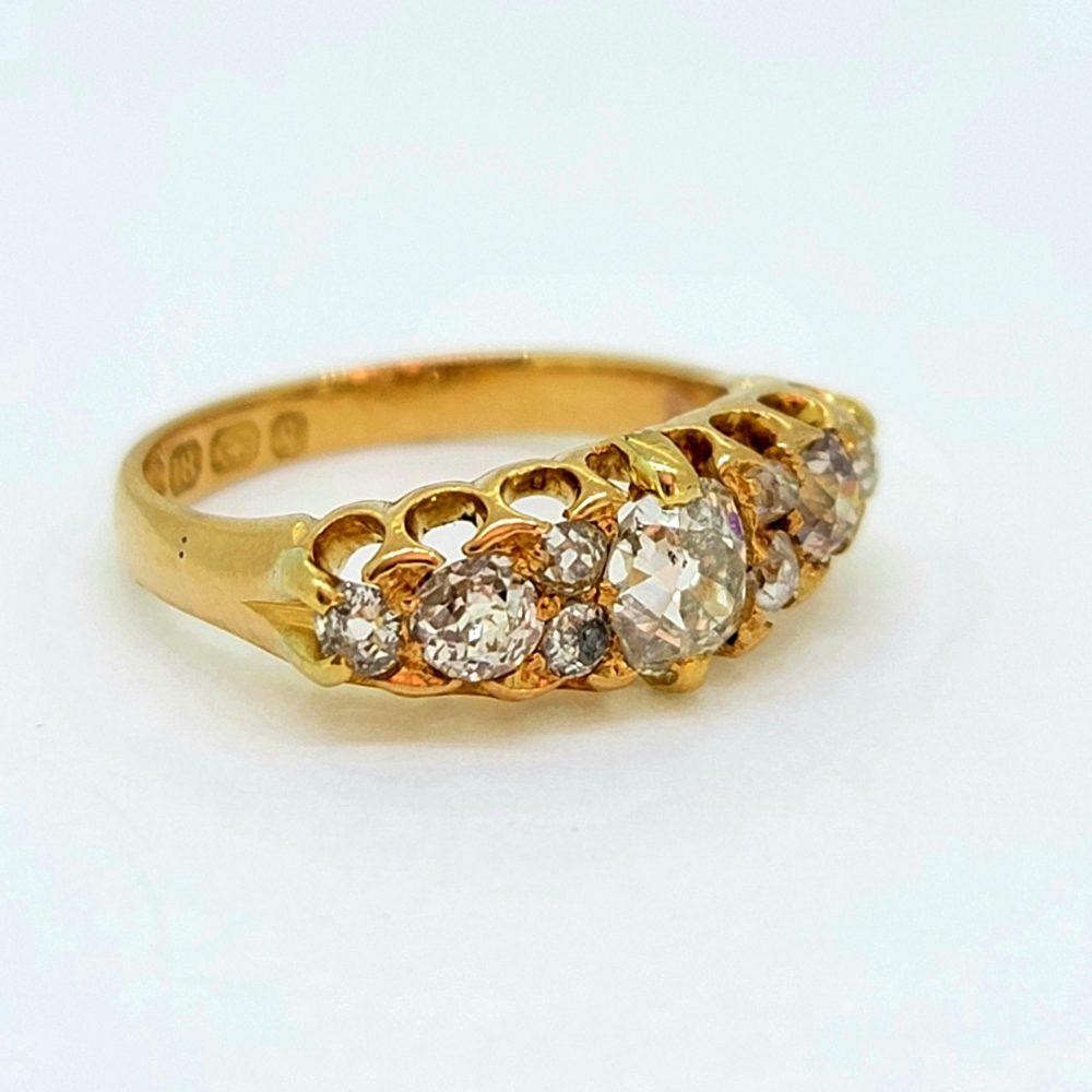 Victorian Antique Old Mine Cut Diamond Five Stone Ring in 18ct Yellow Gold Hallmark Birmingham 1890