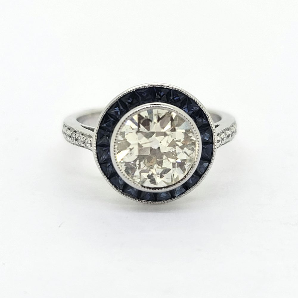 2.22ct Old Cut Diamond and Calibre Sapphire Target Engagement Ring