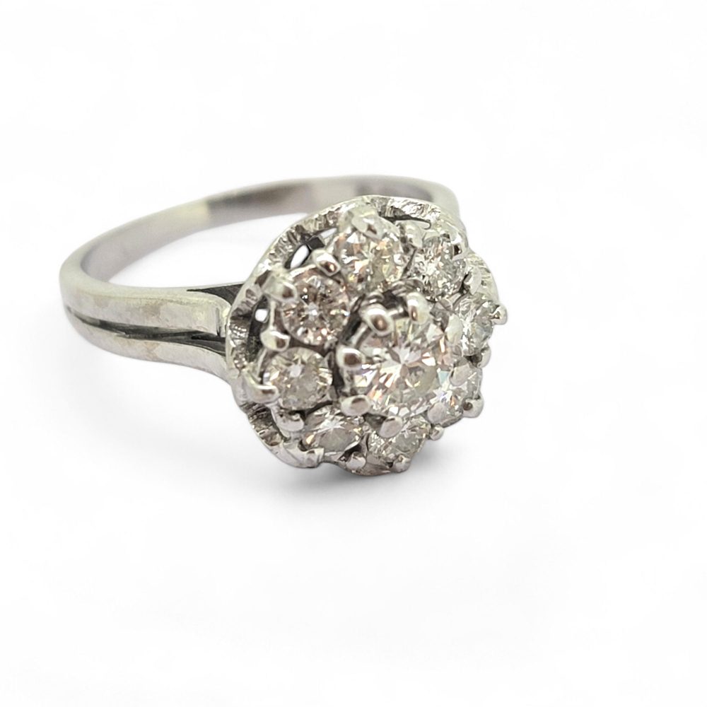 Vintage 1ct Diamond Cluster Engagement Ring in 18ct White Gold, Circa 1975