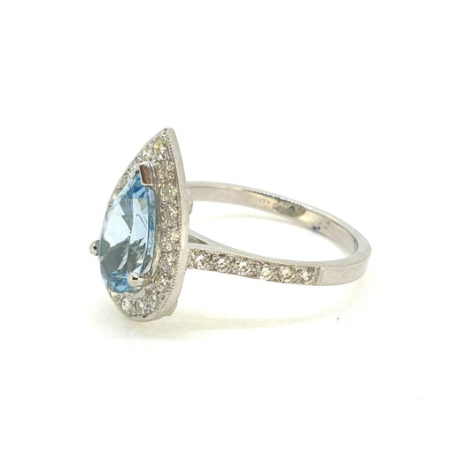1.40ct Pear Cut Aquamarine and Diamond Cluster Ring