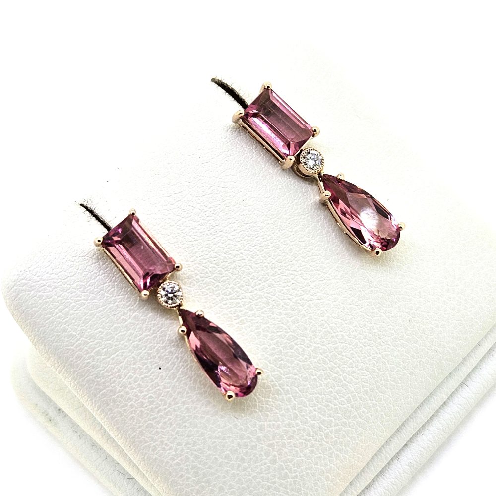 Pink Tourmaline and Diamond Drop Earrings in 18ct Rose Gold, Baguette rectangular step-cut pink tourmaline tops suspend pear-cut pink tourmaline pendant drops via single stone diamond solitaire links