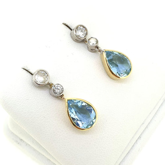 3.25ct Pear Cut Aquamarine and Diamond Drop Earrings