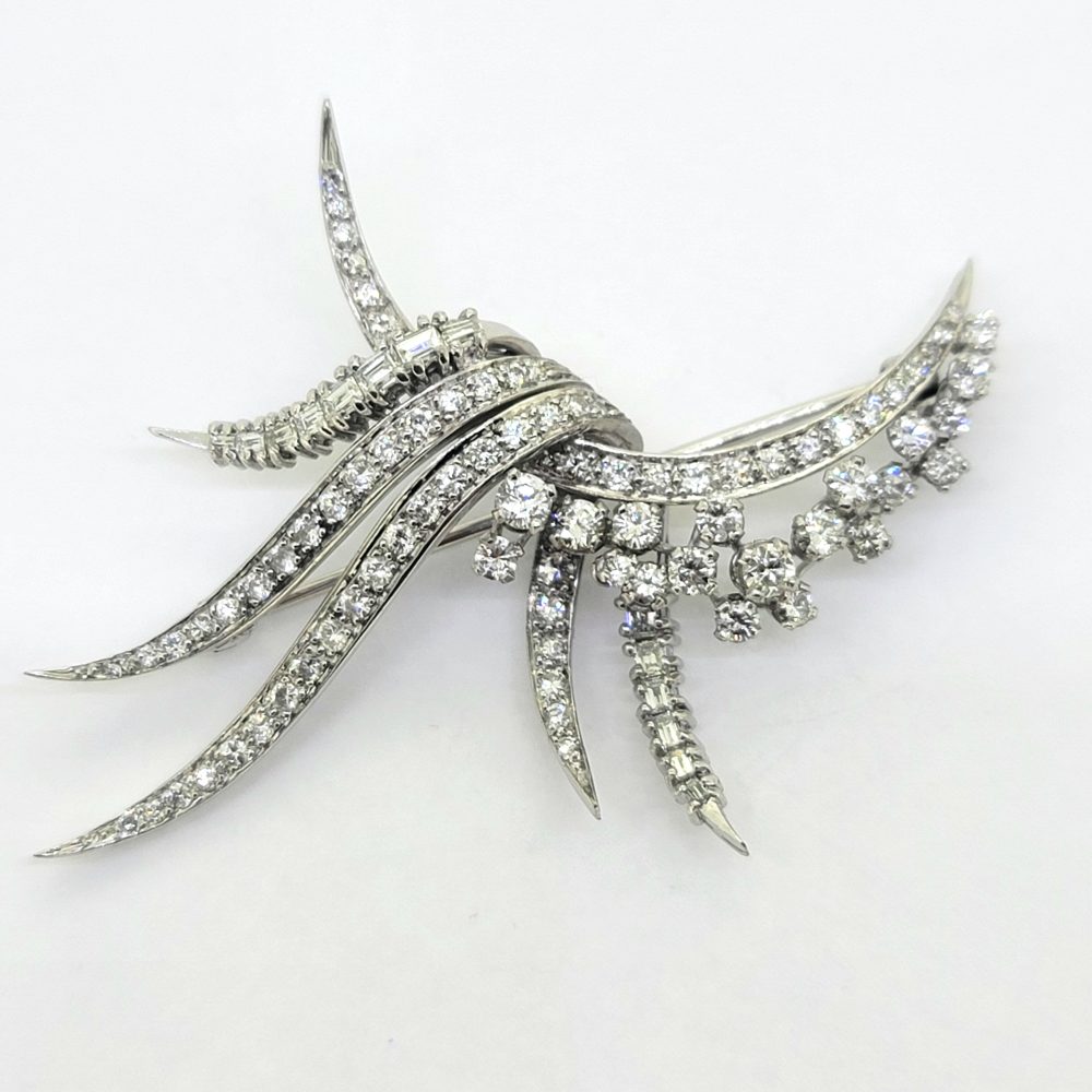 Vintage 2.50ct Diamond Spray Brooch, mid 20th century diamond brooch set with round brilliant-cut diamonds in a half moon and spray design with baguette-cut diamond accents in 18ct white gold. Circa 1940s / 1950s