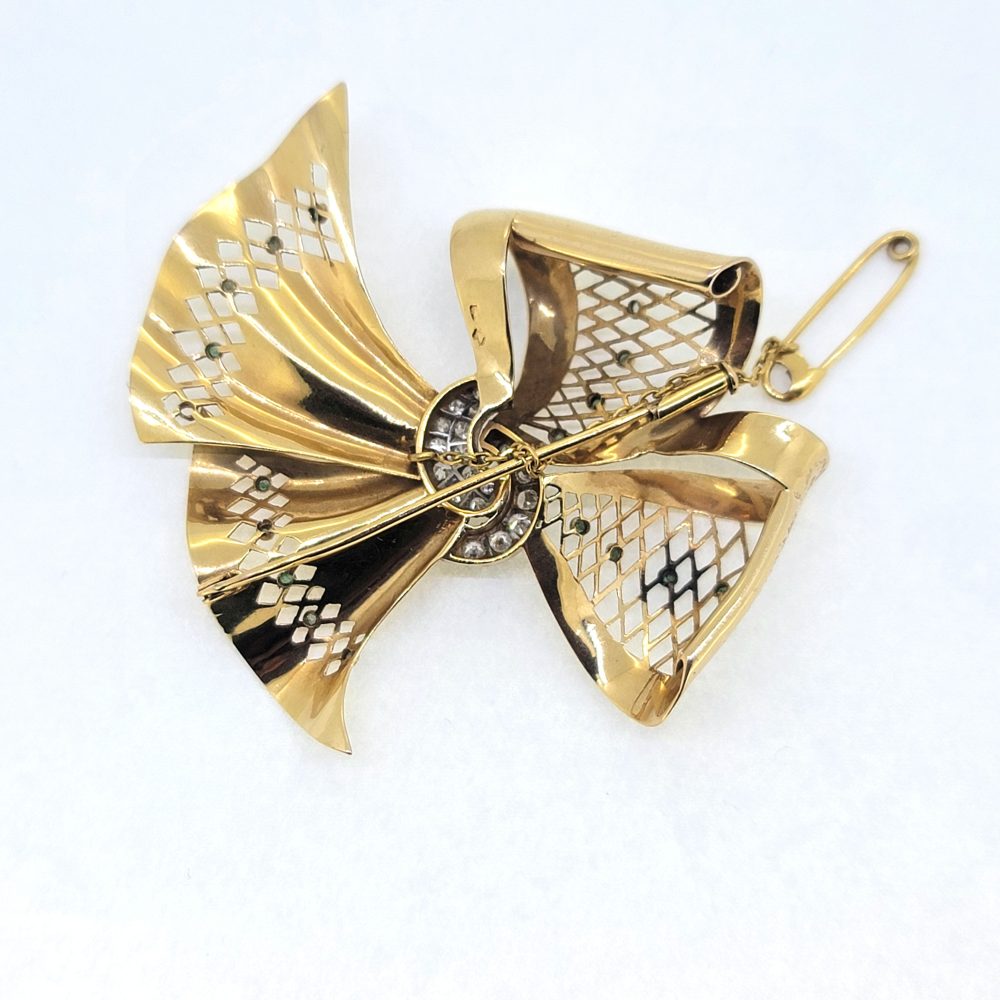 Vintage French Diamond Set 18ct Yellow Gold Bow Brooch, flowing 18ct yellow gold brooch in a brooch design accented with diamonds