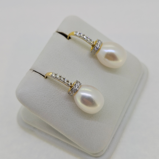 Freshwater Pearl and Diamond Drop Earrings