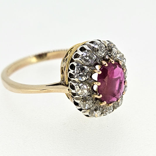 Natural No Heat Burma Ruby and Old Cut Diamond Cluster Engagement Ring