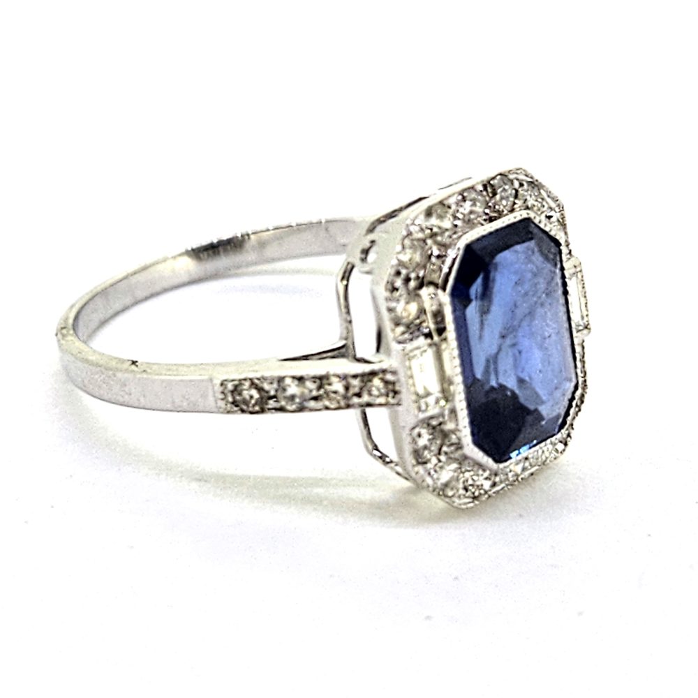 Modern 2.36ct Emerald Cut Sapphire and Diamond Engagement Cluster Ring