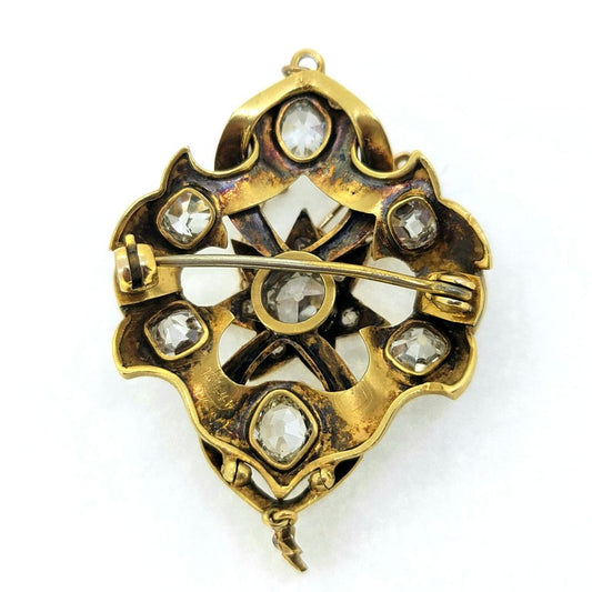 Victorian Antique 2.80ct Old Cut Diamond Blue Enamel and Gold Pendant Brooch