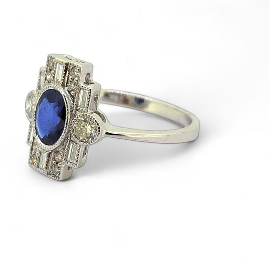 Sapphire and Diamond Cluster Plaque Tablet Engagement Ring in 18ct White Gold