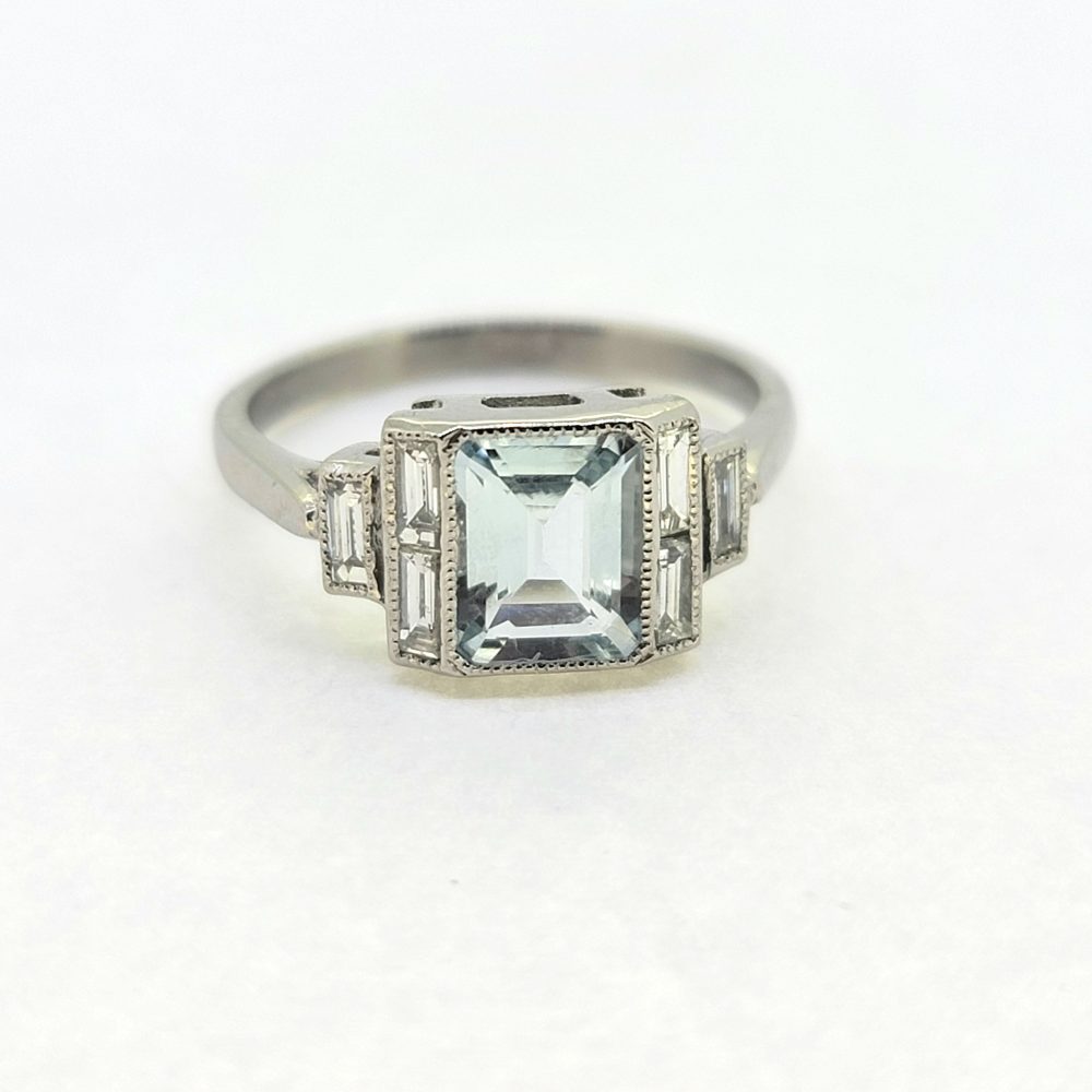 1.20ct Square Aquamarine and Baguette Diamond Cluster Ring in Platinum