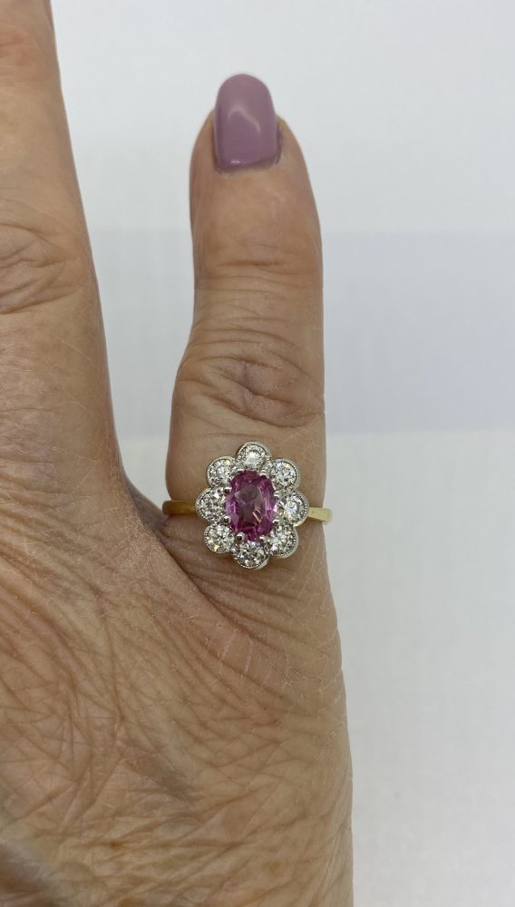 0.75ct Oval Pink Sapphire and Diamond Floral Cluster Ring