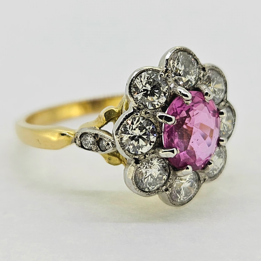 Pink Sapphire and Diamond Cluster Engagement Ring PS1.65 D1.20