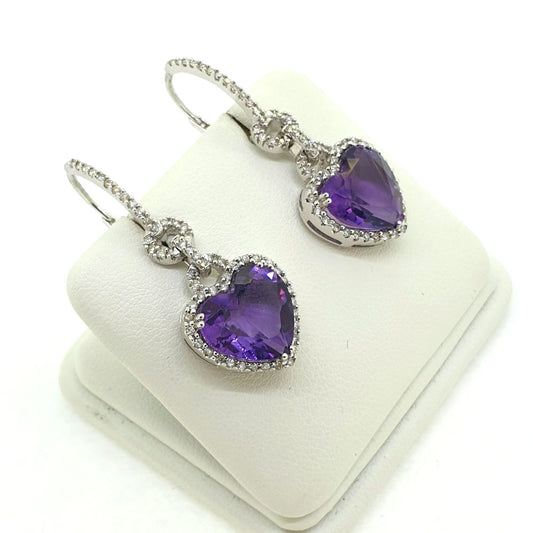 Amethyst and Diamond Heart Cluster Drop Earrings