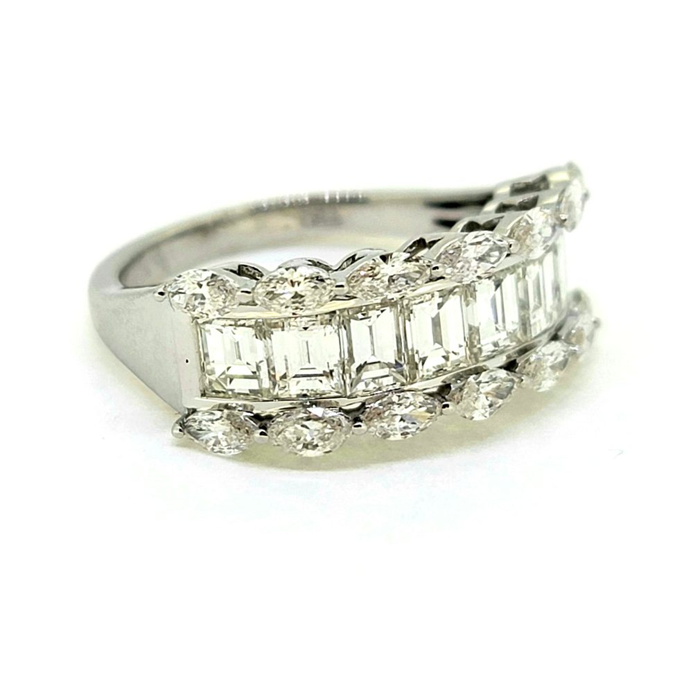 2.94ct Emerald and Marquise Diamond Bridge Cluster Half Eternity Ring in 18ct White Gold