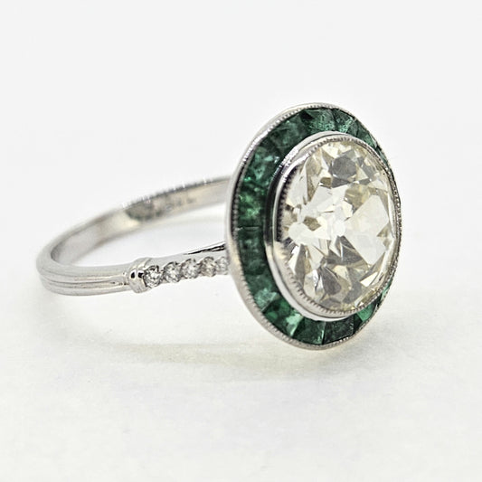 3.30ct Old Cut Diamond and Emerald Halo Cluster Engagement Ring