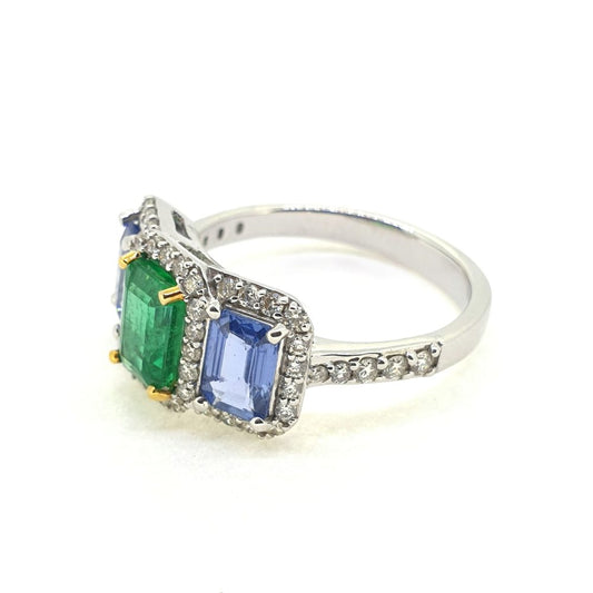 Emerald Sapphire and Diamond Three Stone Cluster Ring