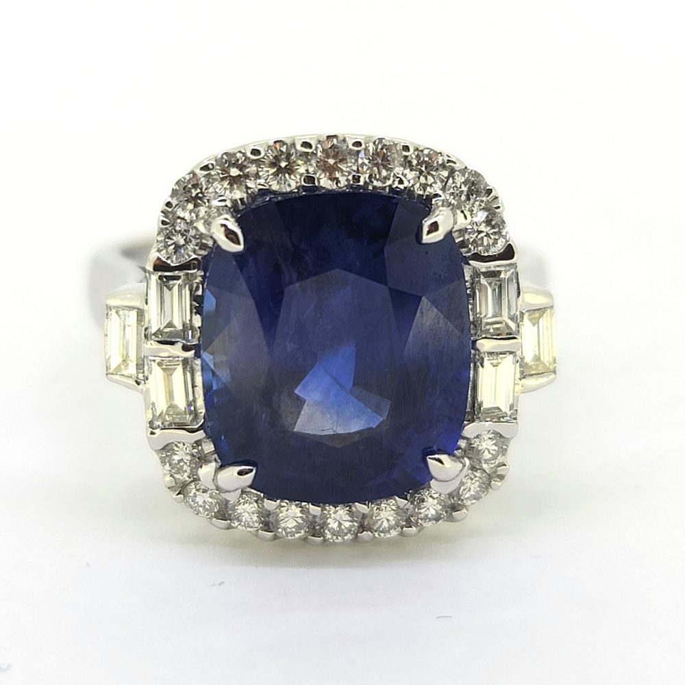 Fine 6.97ct Cushion Cut Sapphire and Diamond Cluster Engagement Ring with Baguette Diamond Shoulders in 18ct White Gold