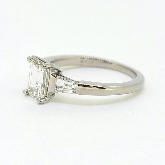 Emerald Cut Diamond Engagement Ring with Tapered Baguette Diamonds in Platinum, solitaire single stone 1.08ct emerald-cut diamond flanked by elegant tapered baguette-cut diamond shoulders