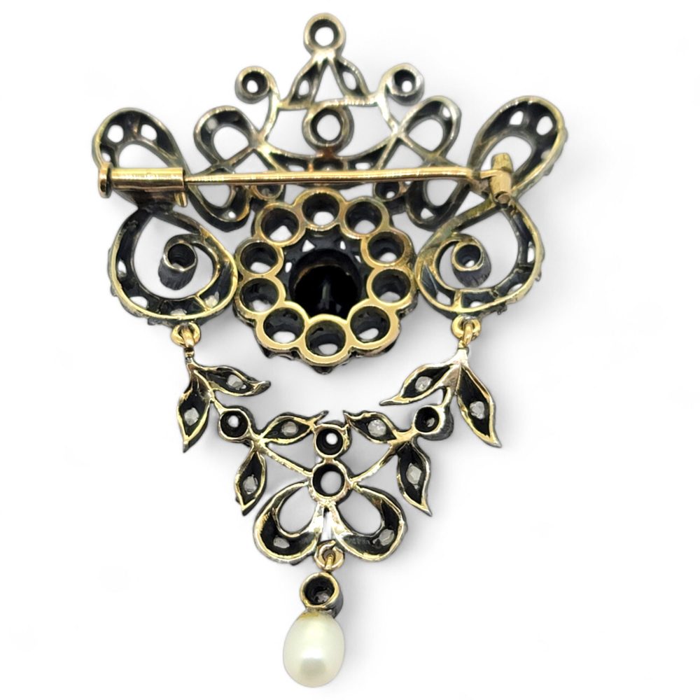 Victorian Antique Rose Cut Diamond and Sapphire Brooch in Silver, central blue sapphire surrounded by rose-cut diamonds suspending a pearl pendant drop