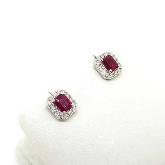 1.03ct Emerald Cut Ruby and Diamond Cluster Stud Earrings