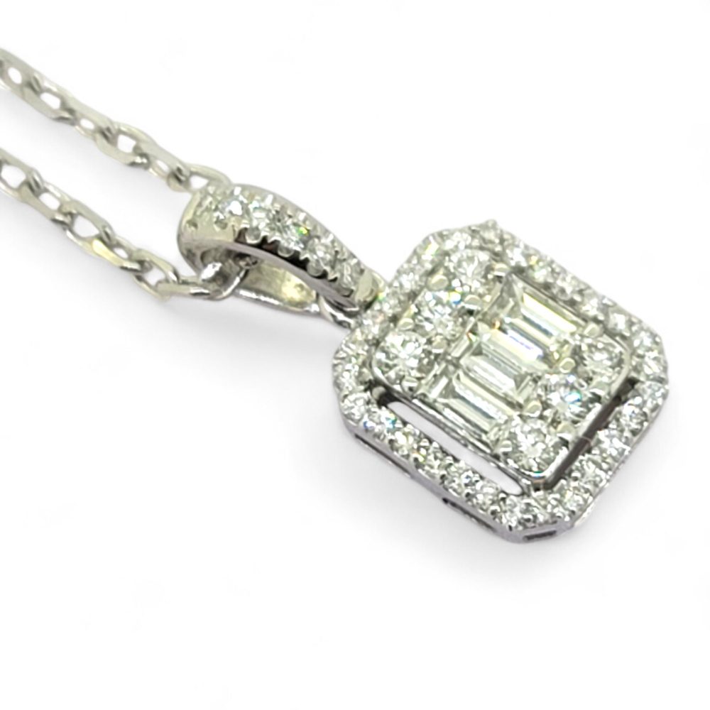 Baguette and Brilliant Diamond Cluster Pendant with Chain, central baguette-cut diamonds surrounded by brilliant-cut diamonds to a diamond-set bail in 18ct white gold