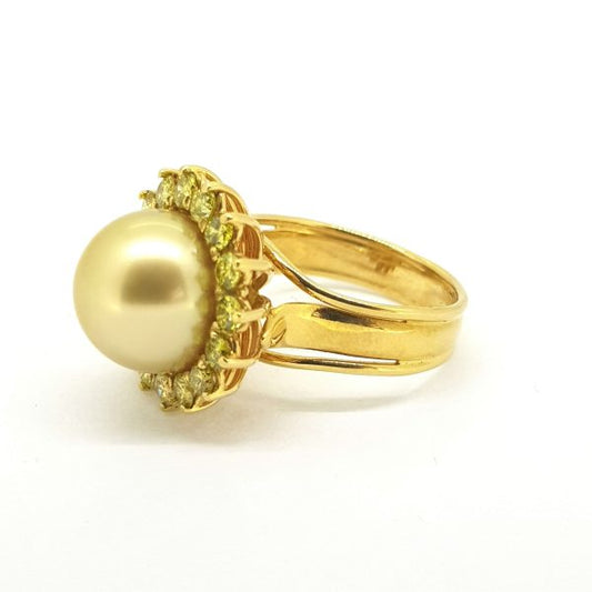 Golden South Sea Pearl and 2ct Fancy Yellow Diamond Cluster Cocktail Ring