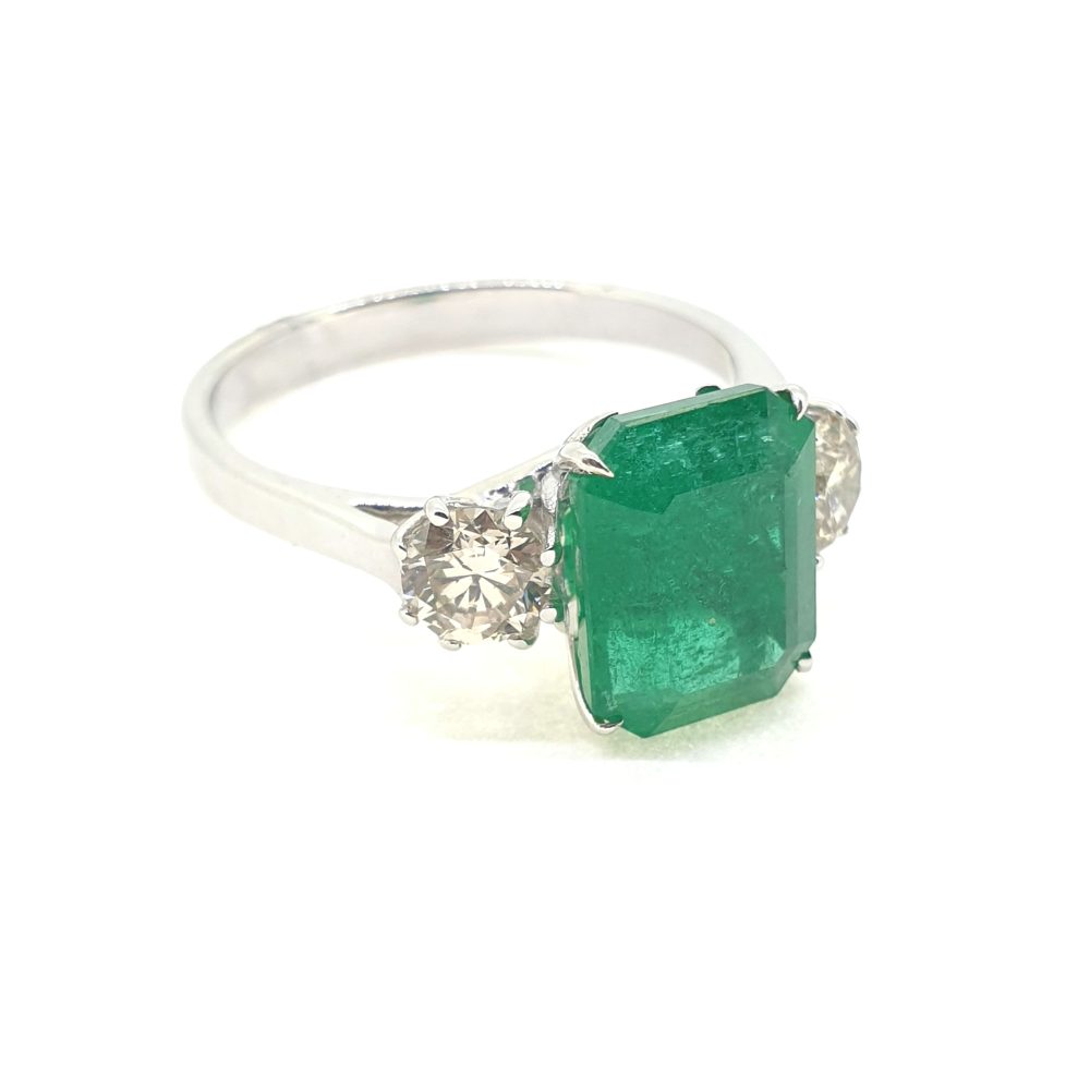 2.96ct Emerald-Cut Emerald and Diamond Trilogy Engagement Ring in 18ct White Gold